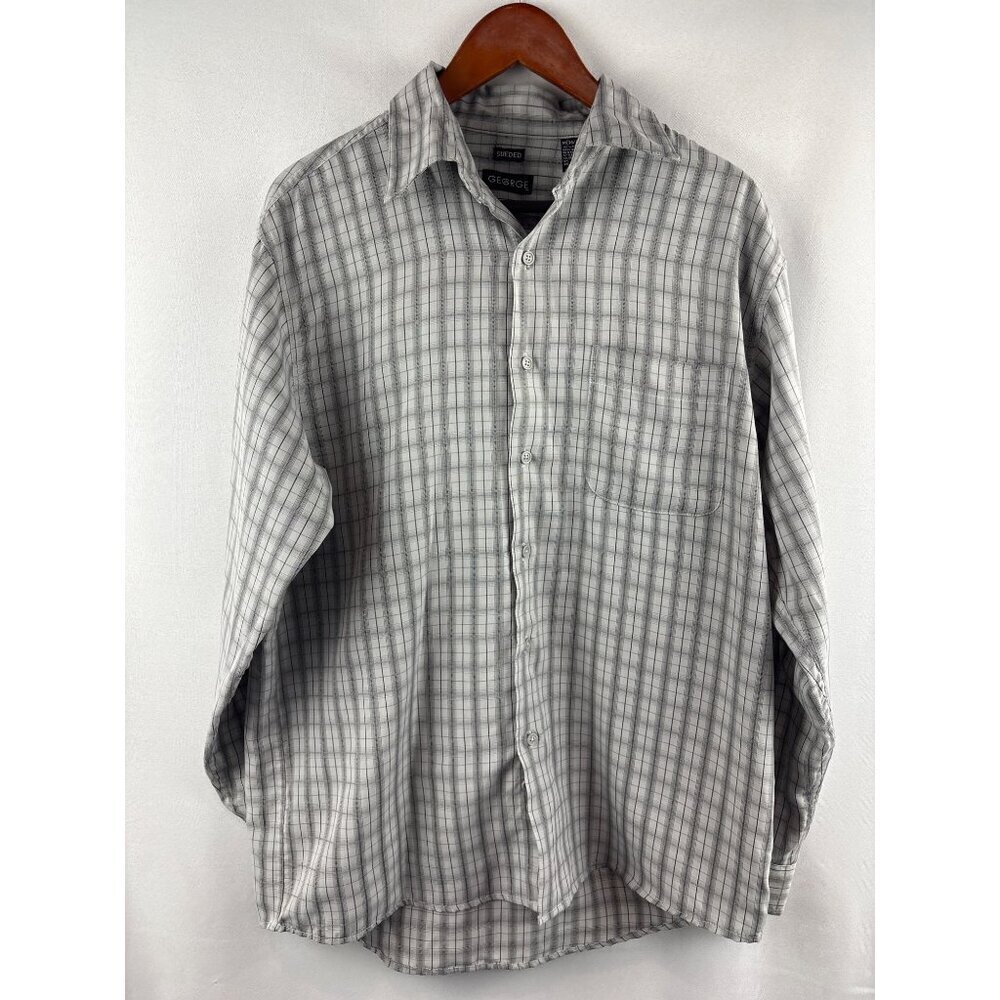 George Mens Medium Sueded Button-Up Plaid Shirt 38/40 Gray